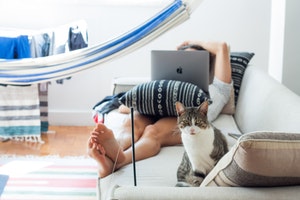 stock image of man laying on couch using laptop