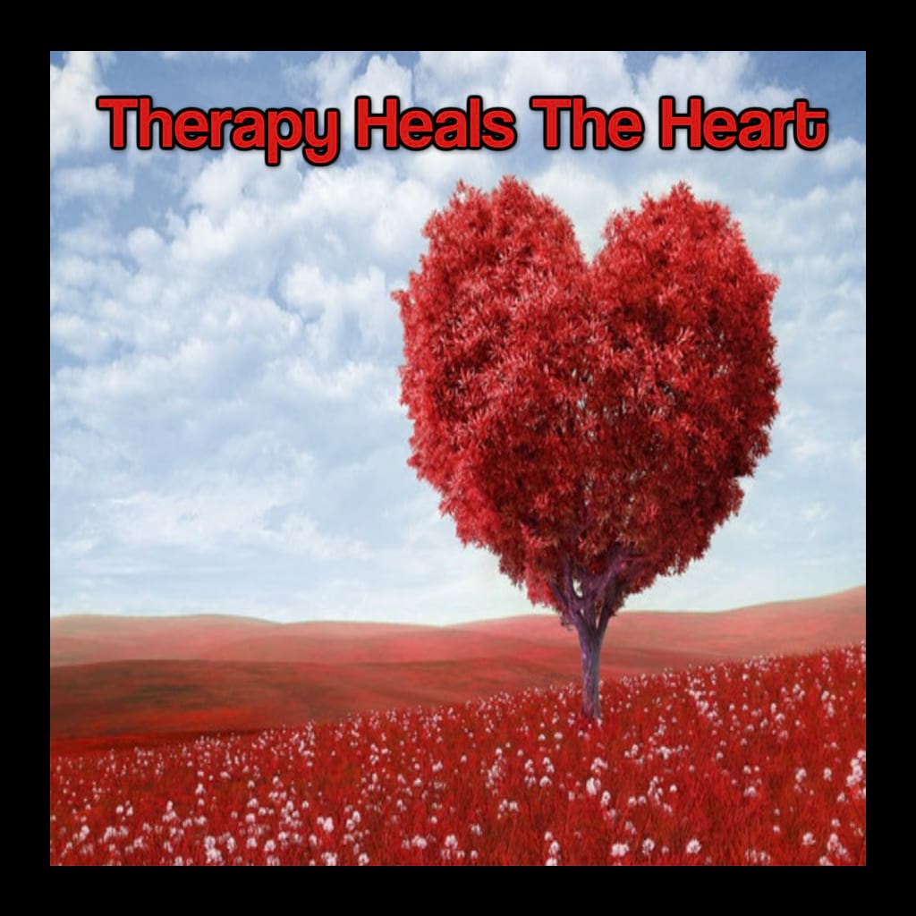 stock image of red tree and flowers that reads "therapy heals the heart"