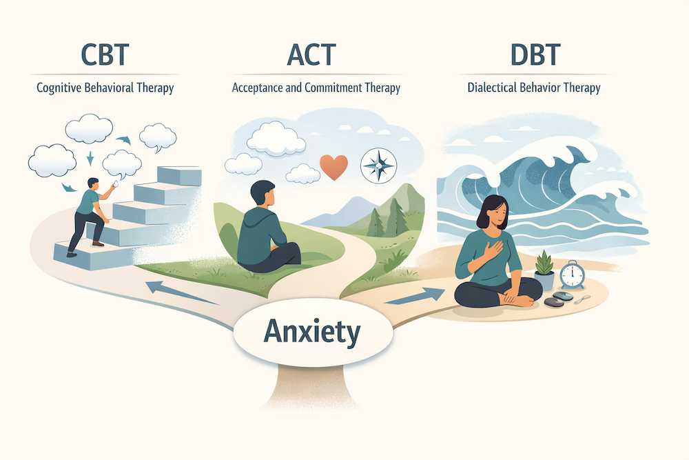 Illustration showing how therapy may be treated by CBT, ACT, and DBT