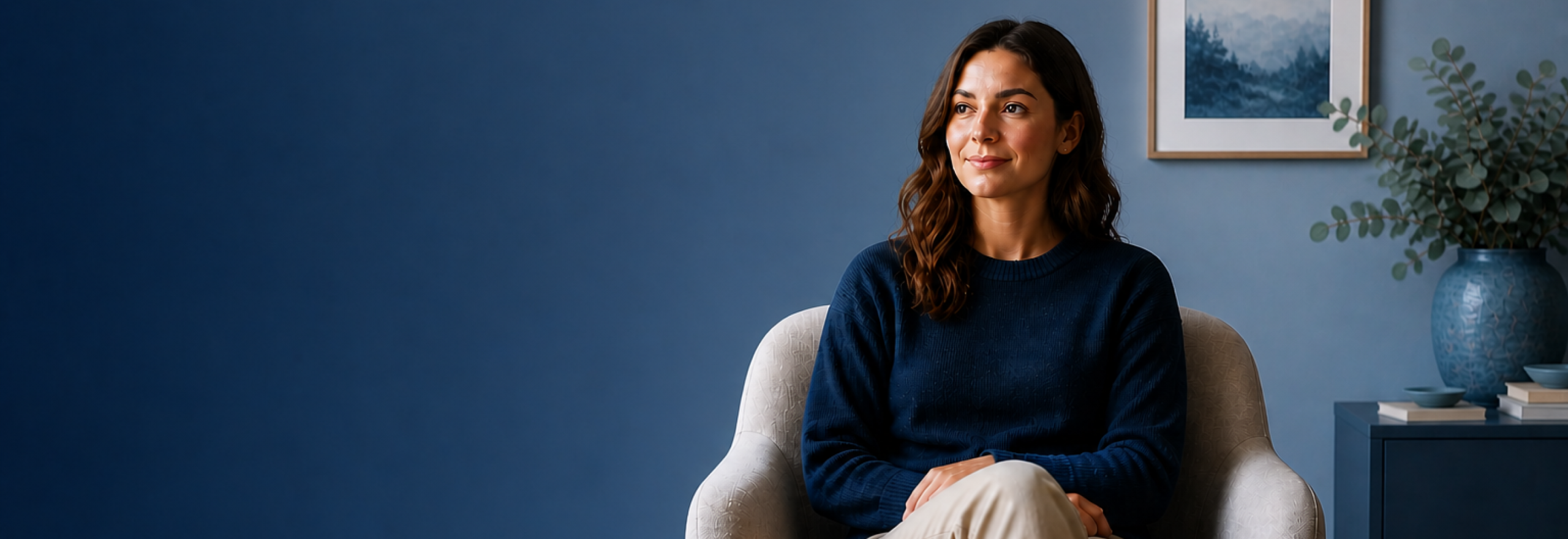 Header image showing woman smiling wearing a blue sweater in a blue painted room