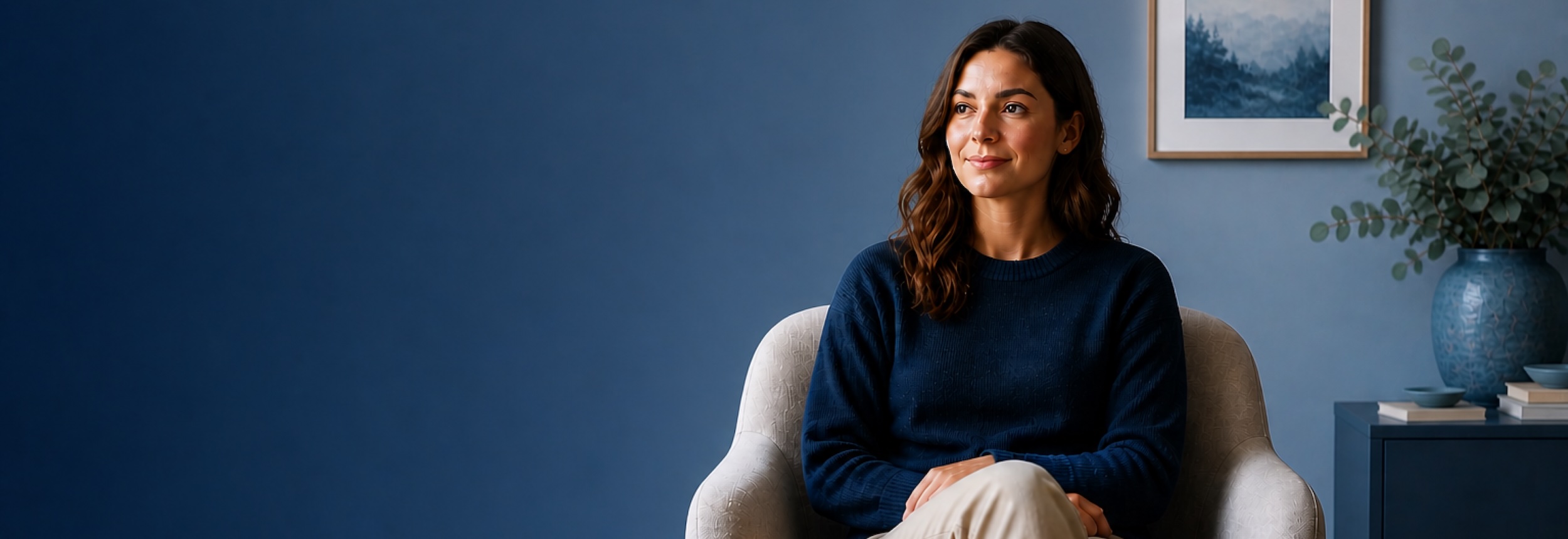 Header image showing woman smiling wearing a blue sweater in a blue painted room