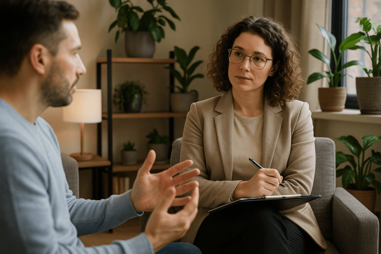 Therapist listening to a patient in an office.