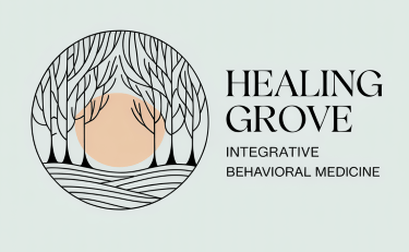 A logo that has a circle with trees and the sun and the text of the company on the right.