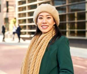 Woman outside of office in business outfit, winter