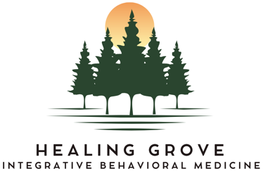 small logo with evergreen trees and sun behind them.